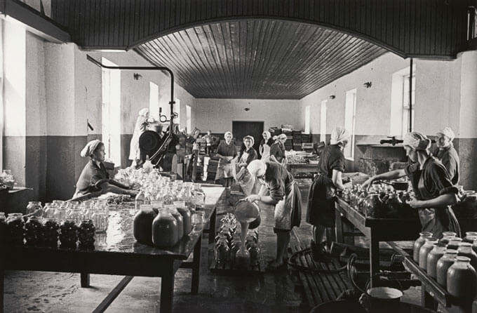 Workers in a factory setting with jars and machinery.