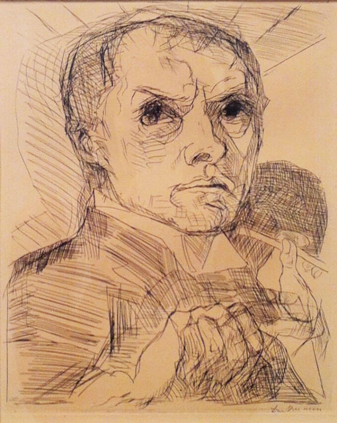 Sketched portrait of the bust of a man with dark eyes