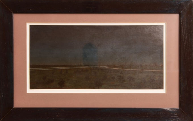 Dark landscape painting of converging highway roads at night with city lights in the distance