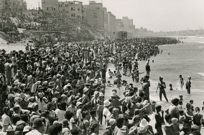 At the beach of Tel Aviv, the people came to watch an air show, Tel Aviv, Israel, 1967