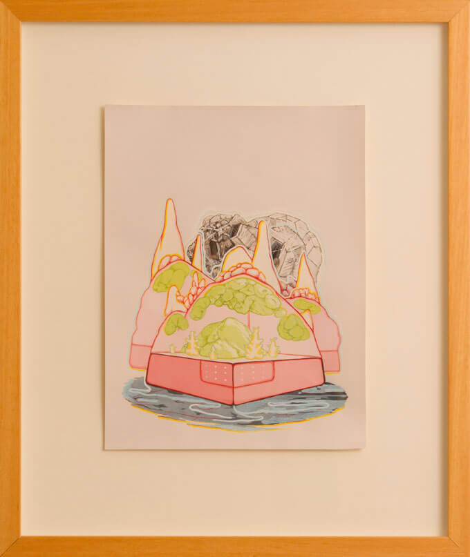 Colorful gouache painting of green organic shapes within pink transparent enclosures on a blue foreground