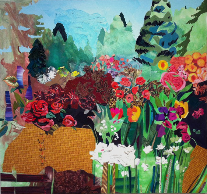A mixed-media painting of a landscape with tall evergreens against a light blue sky with a colorful flower garden in the foreground