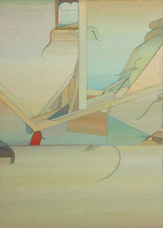 Surrealist oil painting of abstracted architectural elements floating against a pastel background