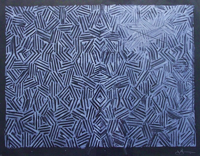 A geometric black and white striped pattern on a grey rectangular canvas.