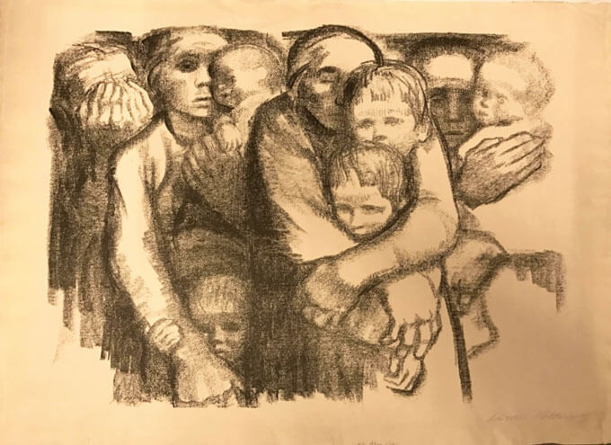 A charcoal sketch of women holding children.