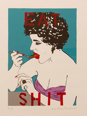 Turquoise background of a woman in a purple dress eating from a fork with red text reading “EAT SHIT” 