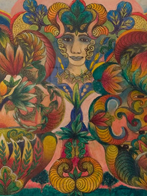 Centrally placed human head from the neck up flanked on both sides by colorful decorative patterns and foliage