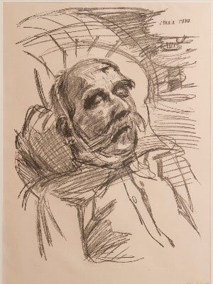 Sketch of a man with bushy eyebrows and a mustache.