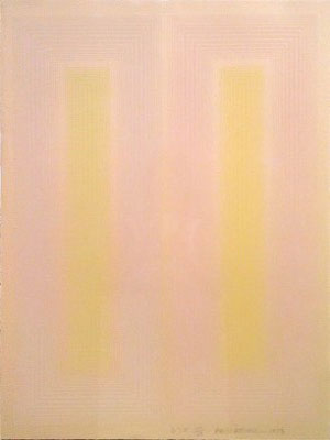 Two tall and narrow light-yellow rectangles with radiating white boxes around each rectangle are parallel to each other on a light-pink background 
