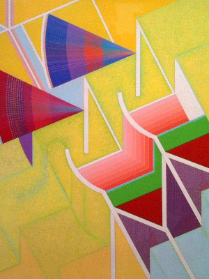 Abstract painting with colorful shapes against a yellow background