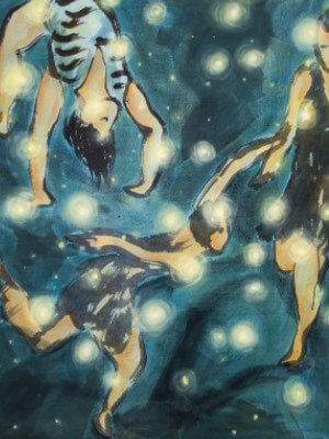 Abstract painting of five figures underwater surrounded by glowing orbs.